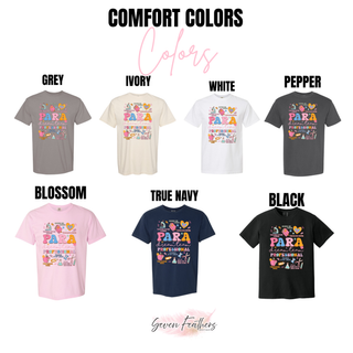 Comfort Colors short sleeve tee color options for para dream team professional in blossom, navy, and black
