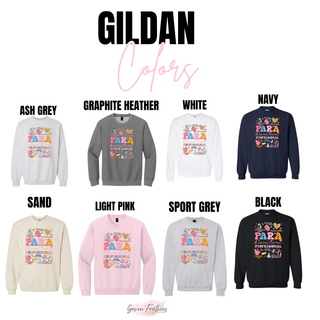 Gildan crewneck color options for para dream team professional in pink, navy, and sand

