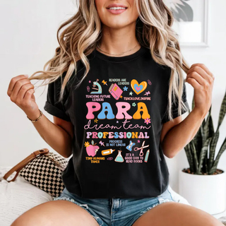 Colorful para dream team professional graphic on a black Comfort Colors short sleeve tee, lifestyle shot
