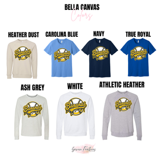 Bella Canvas tee and crewneck color chart with gold and navy dripping baseball graphic