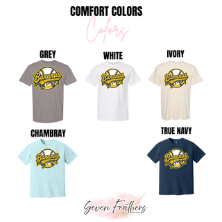 Comfort Colors tee color chart with gold and navy dripping baseball graphic
