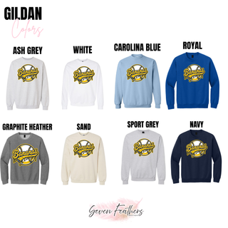 Gildan crewneck sweatshirt color chart with gold and navy dripping baseball graphic