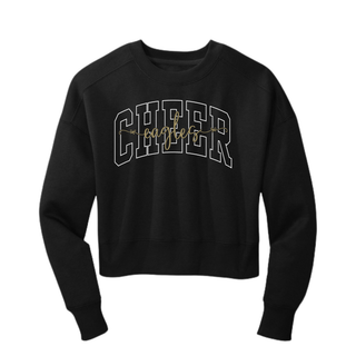 Black crop crewneck with CHEER varsity arch letters and eagles gold script inside front view
