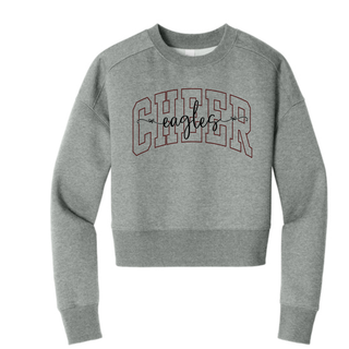 Heather grey crop crewneck with CHEER varsity arch letters and eagles script inside front view
