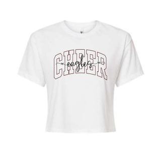 White crop top with CHEER varsity arch letters and eagles script inside front view
