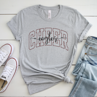 Athletic heather tee with CHEER varsity arch letters and eagles script inside front view flat lay

