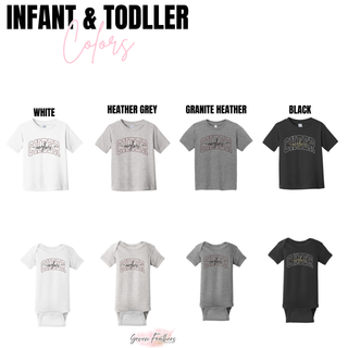 Eagles Cheer Varsity Arch infant toddler tees and onesies in white, heather grey, granite heather, and black
