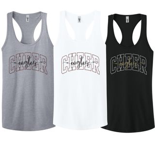 Eagles Cheer Varsity Arch racerback tank with CHEER arch letters and eagles script inside in heather grey, white, and black front view

