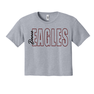 Athletic heather crop top with maroon outlined Eagles block letters and black Dance script graphic on chest