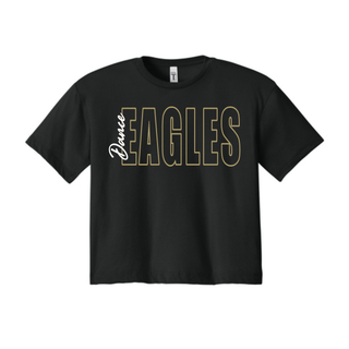 Black crop top with gold outlined Eagles block letters and white Dance script graphic on chest