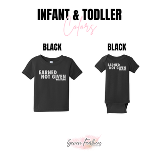 Infant and toddler color chart showing the Earned Not Given Wrestling design on a black toddler tee and a black infant bodysuit