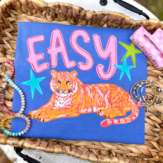 Easy Tiger Graphic Tee in flo blue with bold pink Easy lettering colorful stars and lounging orange tiger design
