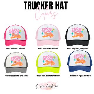 Easy Tiger Trucker Hat color options in neon pink, cloud pink, deep black, deep smoke, neon yellow, and true royal
