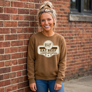 Woman wearing camel eat beef support your local farmers and ranchers top with cattle graphic