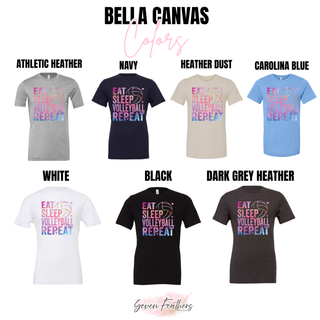 Bella Canvas Eat Sleep Volleyball Repeat tops in athletic heather, navy, heather dust, carolina blue, white, black, and dark grey heather

