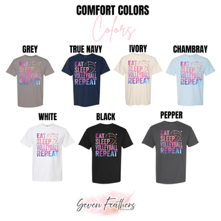 Comfort Colors Eat Sleep Volleyball Repeat tops in grey, true navy, ivory, chambray, white, black, and pepper
