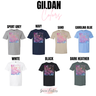 Gildan Eat Sleep Volleyball Repeat tops in sport grey, navy, sand, carolina blue, white, black, and dark heather
