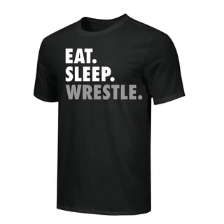 Black tee with Eat. Sleep. Wrestle. stacked in white and grey block lettering across the chest