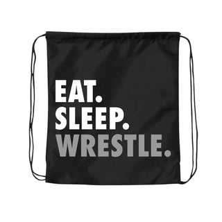 Black drawstring bag with dual black cord straps and stacked Eat. Sleep. Wrestle. lettering in white and silver grey