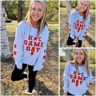 Three-photo collage of a woman wearing the Electric KC Game Day crewneck sweatshirt with red and gold stars and lightning details.
