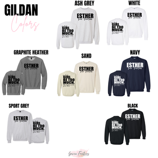 Gildan crewneck color chart for the Esther 4:14 Be Too Much design in Ash Grey, White, Graphite Heather, Sand, Navy, Sport Grey, and Black