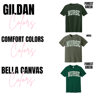 Evergreen Floral Nurse top shown in Gildan forest green tee, Comfort Colors moss tee, and Bella Canvas forest green tee
