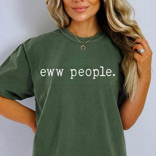 Woman wearing a blue spruce tee with eww people. printed in small white typewriter font centered on the front
