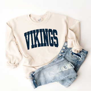 Faded Distressed Seaman Vikings Top crewneck sweatshirt in heather dust with navy arched VIKINGS