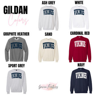 Faded Distressed Seaman Vikings Top Gildan sweatshirts in ash grey, white, graphite heather, sand, sport grey, cardinal red, and navy