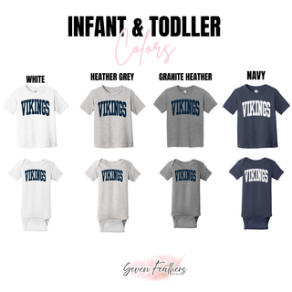 Faded Distressed Seaman Vikings Top infant onesies and toddler tees in white, heather grey, granite heather, and navy