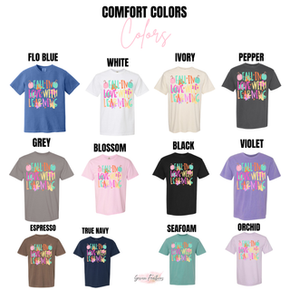 Fall In Love With Learning graphic tee color options in flo blue, white, ivory, pepper, grey, blossom, black, violet, espresso, true navy, seafoam, and orchid
