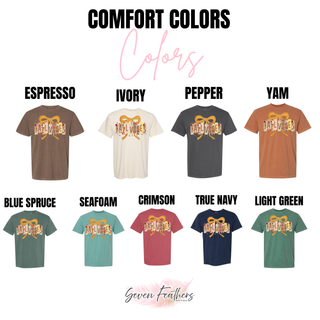 Comfort Colors color options for the Fall Vibes patchwork design: Espresso, Ivory, Pepper, Yam, Blue Spruce, Seafoam, Crimson, True Navy, and Light Green