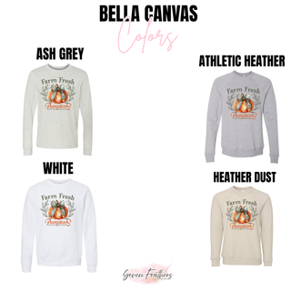 bella canvas long sleeve and crewneck in ash grey athletic heather white and heather dust with farm fresh pumpkins design, color chart
