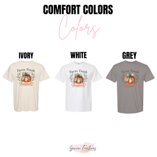 comfort colors tee in ivory white and grey with farm fresh pumpkins watercolor design, color chart
