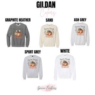 gildan crewneck sweatshirt in graphite heather sand ash grey sport grey and white with farm fresh pumpkins design, color chart
