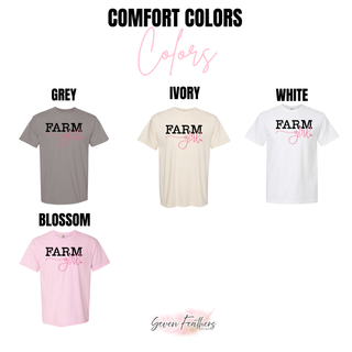 Farm Girl Top Comfort Colors t-shirt in grey, ivory, white, and blossom