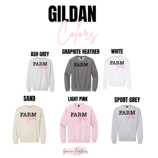 Farm Girl Top Gildan crewneck sweatshirt in ash grey, graphite heather, white, sand, light pink, and sport grey
