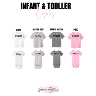 Farm Girl Top infant and toddler t-shirt and onesie in white, heather grey, granite heather, and pink