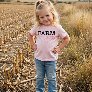 Farm Girl Top pink graphic tee on toddler girl in a cornfield