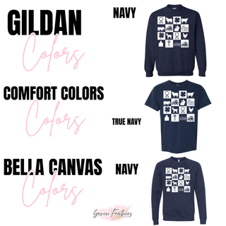 Farm life checkered icons top color options including Gildan navy, Comfort Colors true navy, and Bella Canvas navy