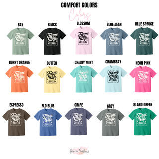 Farm Wife Meals Express Top Comfort Colors color options: bay, black, blossom, blue jean, blue spruce, burnt orange, butter, chalky mint, chambray, neon pink, espresso, flo blue, grape, grey, and island green