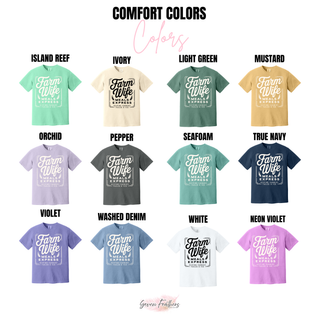 Farm Wife Meals Express Top Comfort Colors color options: island reef, ivory, light green, mustard, orchid, pepper, seafoam, true navy, violet, washed denim, white, and neon violet