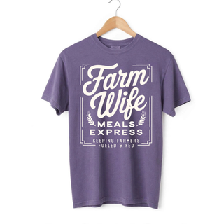 Farm Wife Meals Express Top grape Comfort Colors t-shirt on hanger