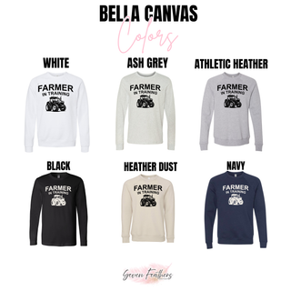 Farmer in training top long sleeve and crewneck color options including white ash grey athletic heather black heather dust and navy