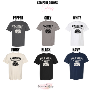 Farmer in training top graphic tee color options including pepper grey white ivory black and navy