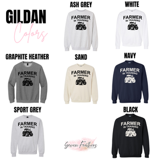 Farmer in training top crewneck sweatshirt color options including ash grey white graphite heather sand navy sport grey and black