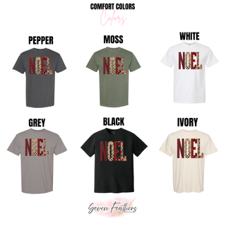 Comfort Colors garments in Pepper, Moss, White, Grey, Black, and Ivory with the NOEL patchwork print
