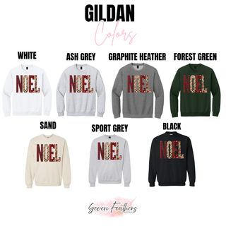 Gildan garments in shown colors with faux-embroidered-look NOEL patchwork lettering
