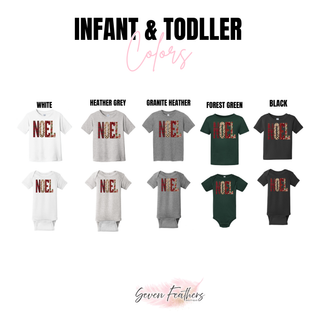 Infant and toddler shirts and bodysuits with the faux-embroidered-look NOEL patchwork design in shown colors