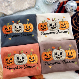Four Comfort Colors tees showing three plaid and floral patchwork jack-o’-lanterns with Pumpkin Season script in fall colors